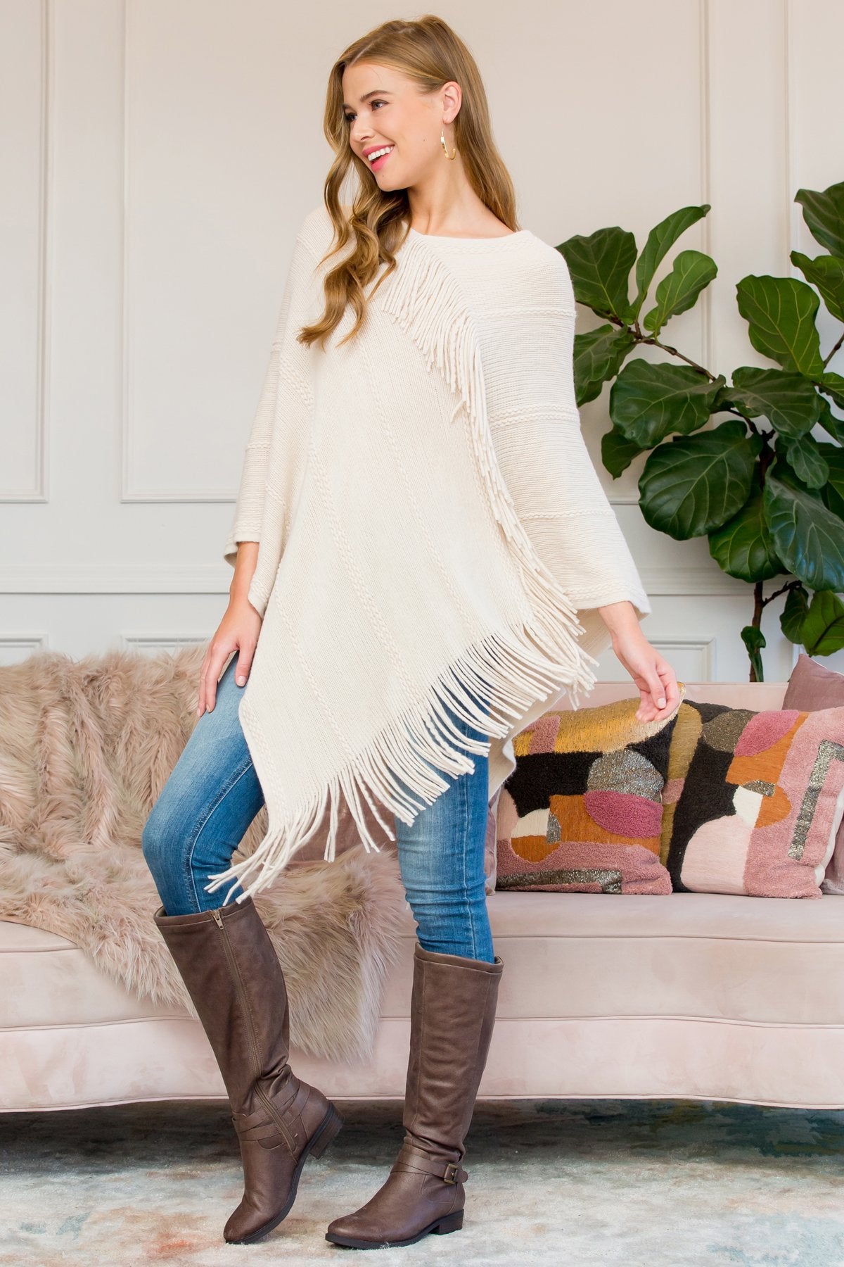 Riah Fashion - Beige Asymmetric Fringe Poncho - 1 COLOR -