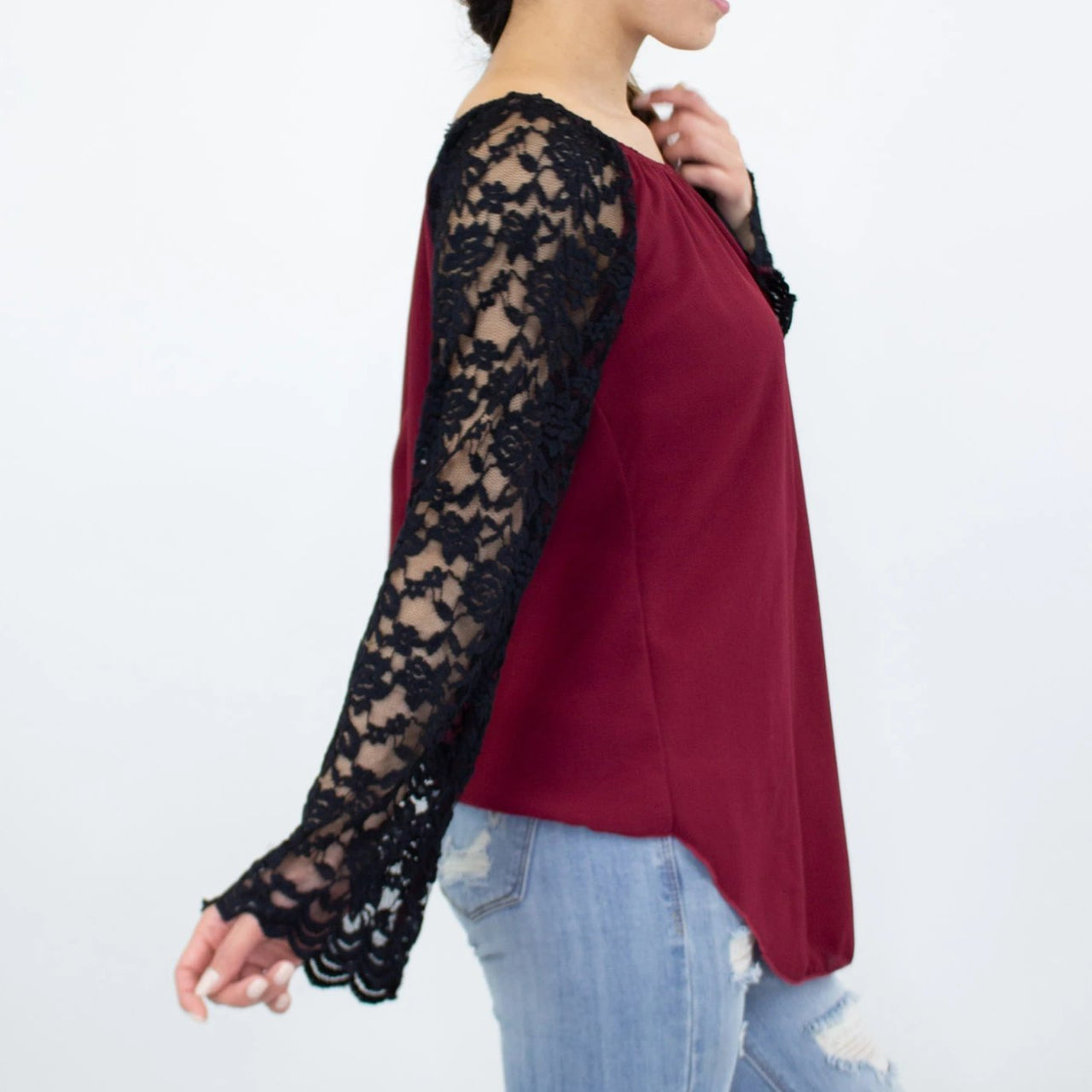 Stylespect - Lace Sleeve Backless Top - Burgundy - 1 COLOR -