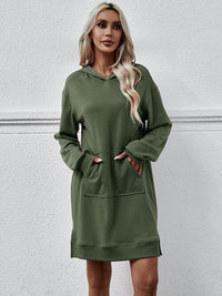 Thumbnail for Slit Long Sleeve Hooded Dress with Pocket - T - 9 COLORS -