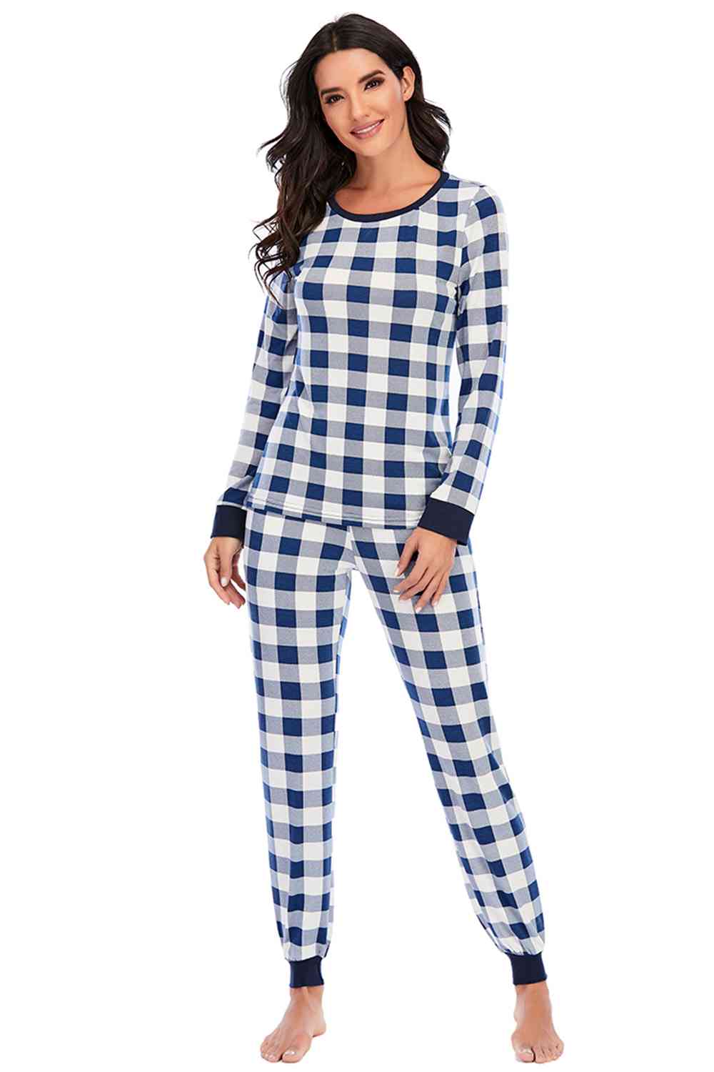 Plaid Round Neck Top and Pants Set - T - 2 COLORS -