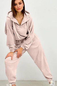 Thumbnail for Half Zip Drawstring Hoodie and Pants Set - 2 PCS. - T - 5 COLORS -