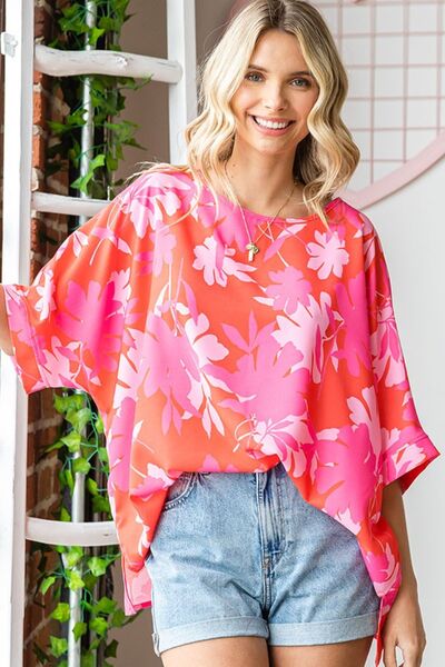 First Love Slit Printed Round Neck Half Sleeve Blouse - T - 1 COLOR -