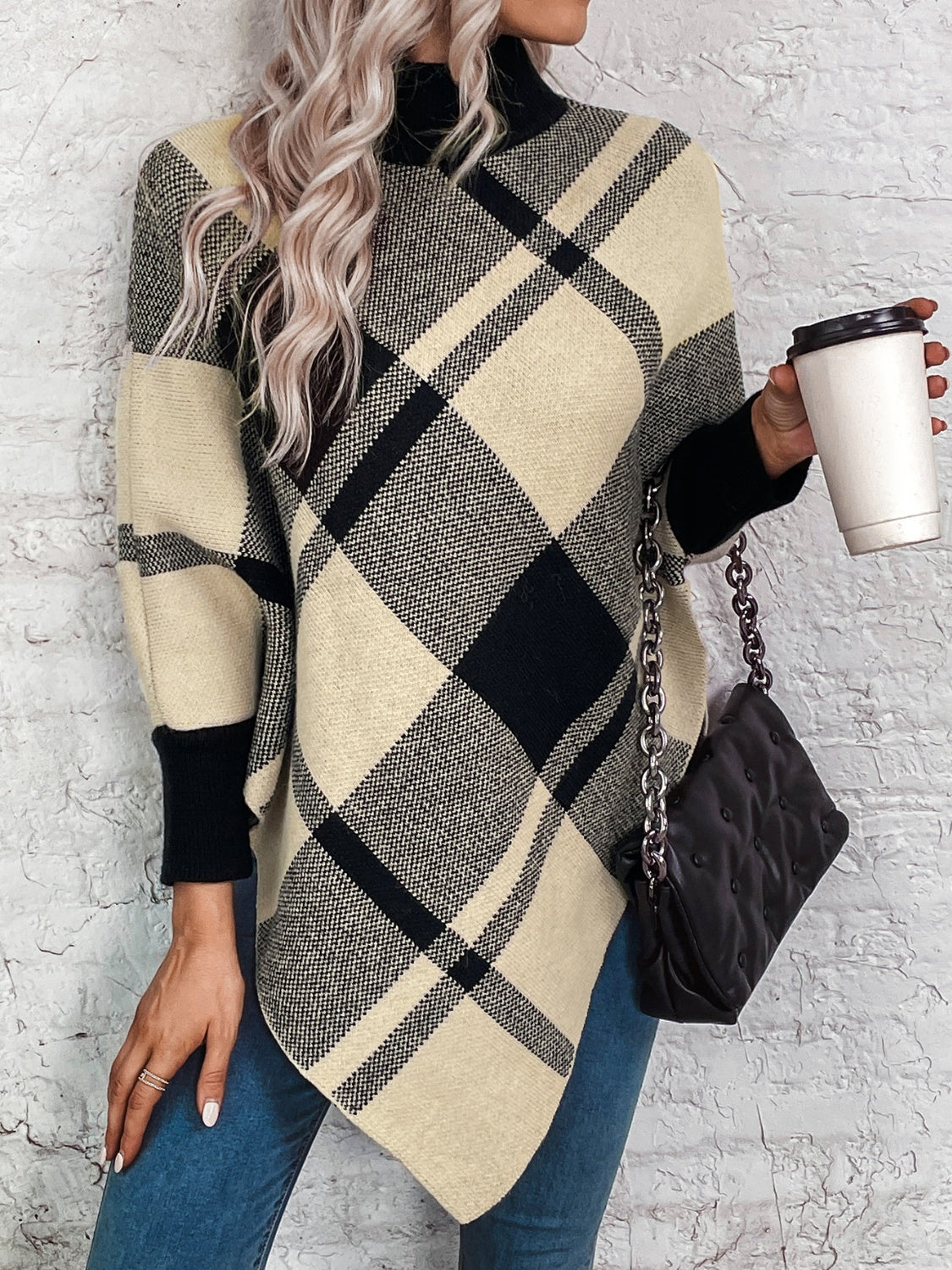 Plaid Turtleneck Poncho - T - 1 COLOR -