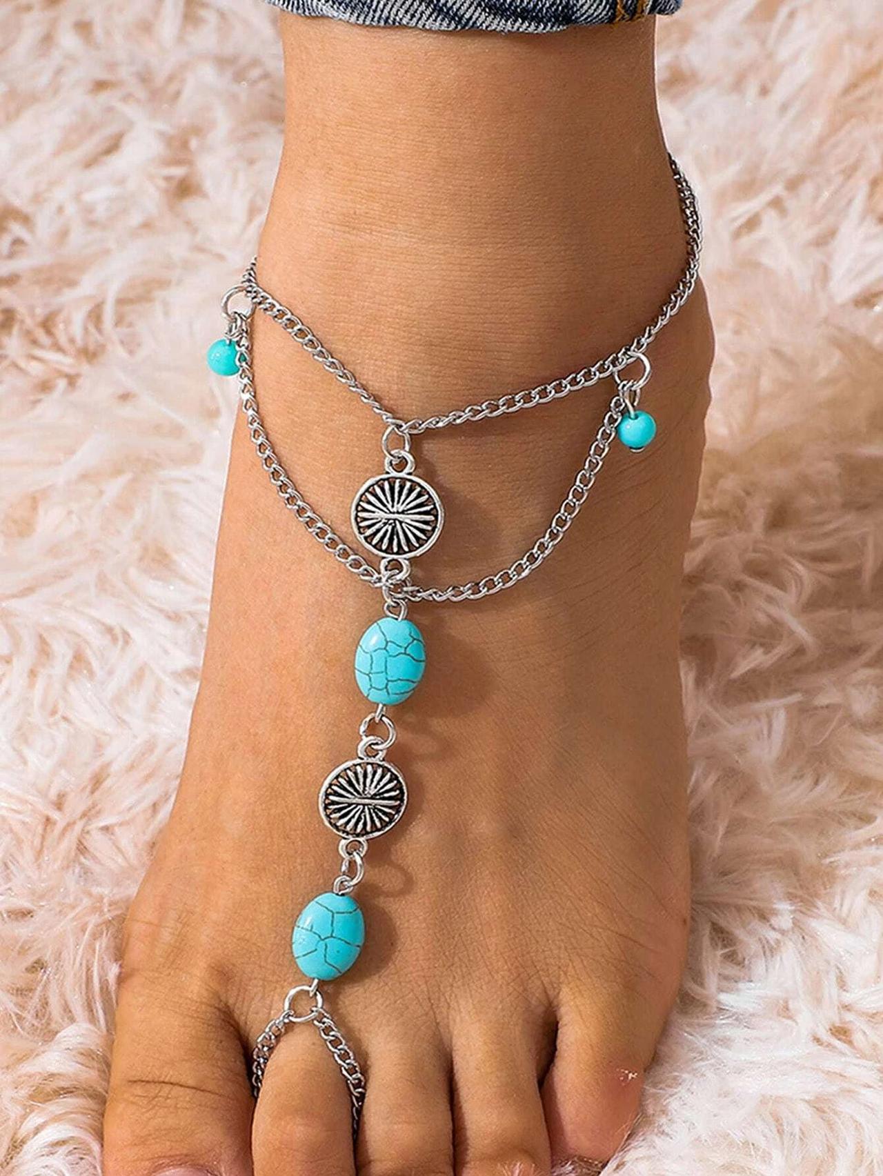 Turquoise Bead Detail Toe Ring Anklet Barefoot Sandal Anklet -