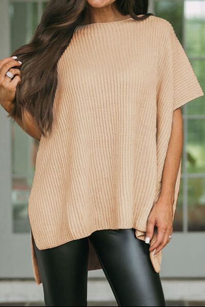 Waffle-Knit Slit Short Sleeve Sweater - T - 1 COLOR -