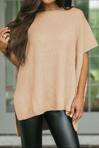 Thumbnail for Waffle-Knit Slit Short Sleeve Sweater - T - 1 COLOR -