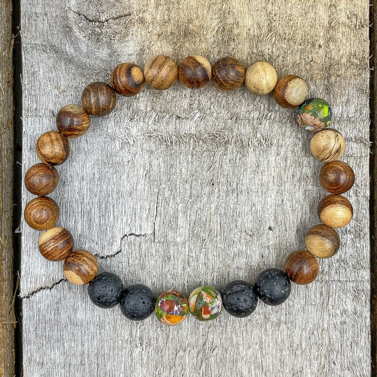 Central - Rainbow Jasper, Lava Rock, & Sandalwood Mala Beaded Bracelet -