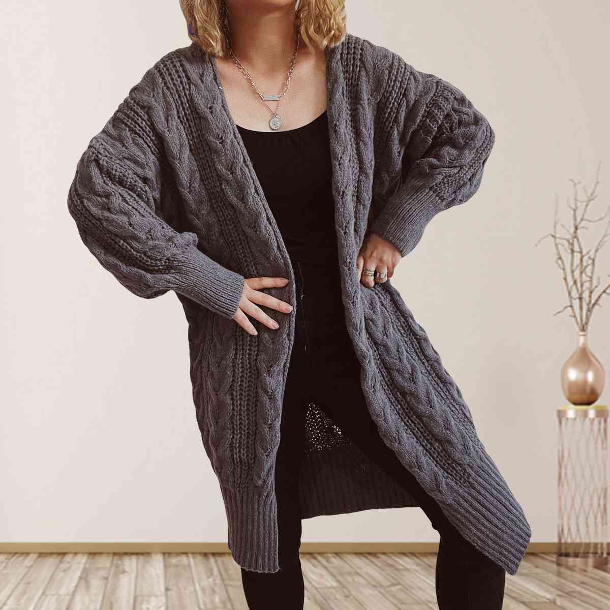 Cable-Knit Open Front Dropped Shoulder Cardigan - T - 6 COLORS -