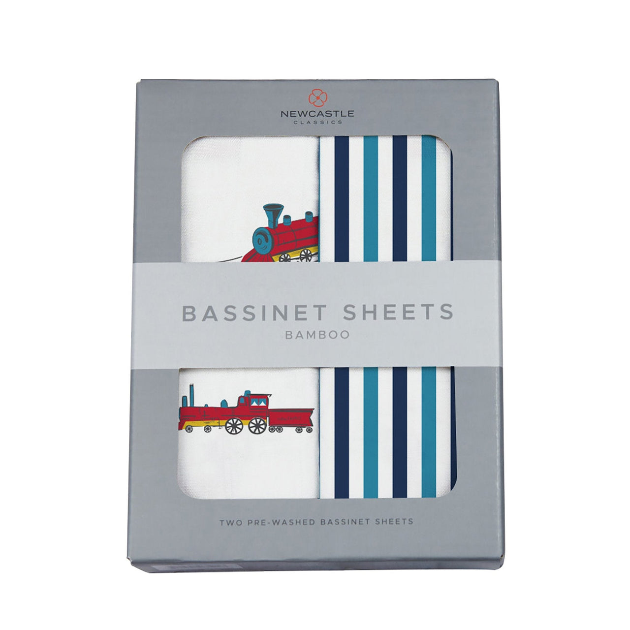 Newcastle - Vintage Steam Trains and Blue and White Stripe Bamboo Changing Pad Cover/Bassinet Sheets -