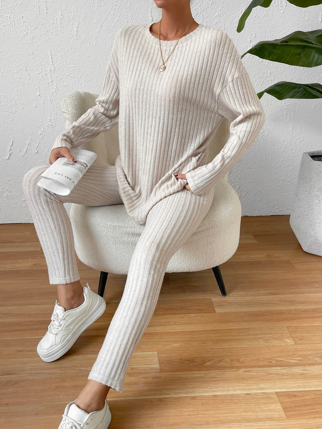 Ribbed Top and Pants Lounge Set - 2 PCS. - T - 1 COLOR -