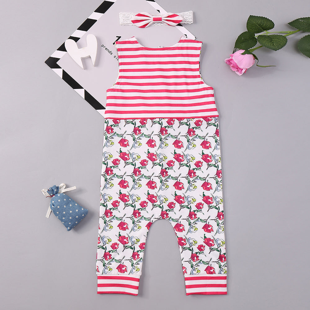 Floral Striped Round Neck Sleeveless Jumpsuit with Headband - T - 4 SIZES - 1 COLOR -