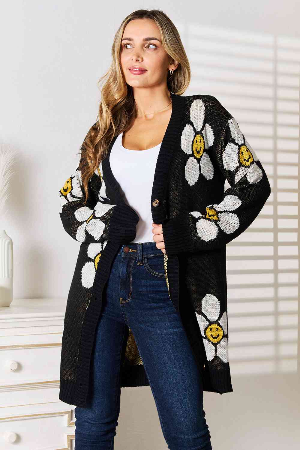 Double Take Floral Button Down Longline Cardigan - T - 1 COLOR -