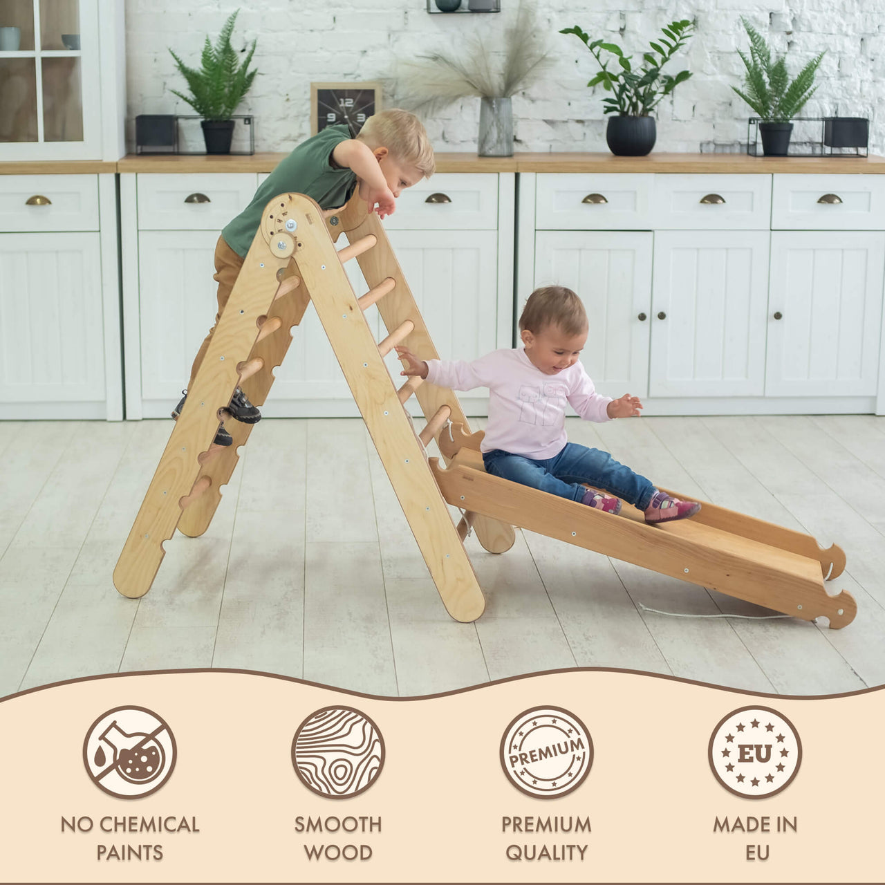 2in1 Montessori Climbing Frame Set: Triangle Ladder + Slide Board/Ramp – Chocolate