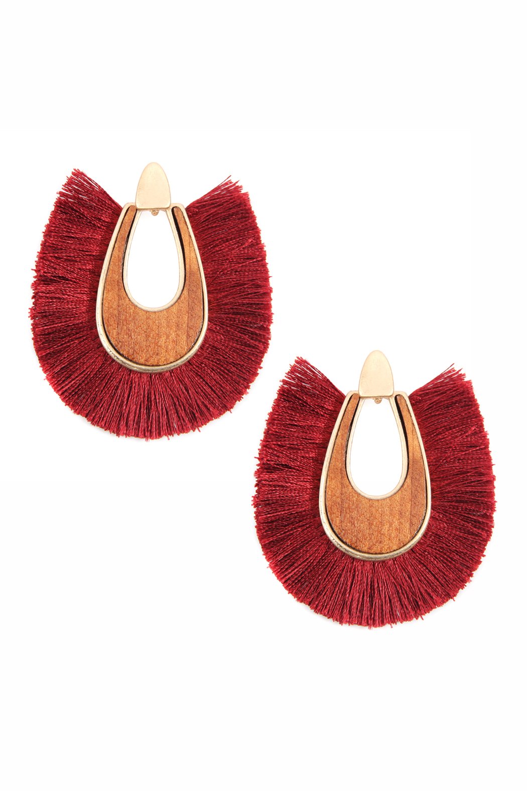 Wood With Thread Tassel Post Earrings - 11 COLORS -