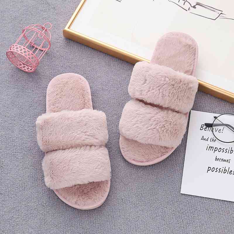 Faux Fur Double Strap Slippers - T - 5 COLORS -