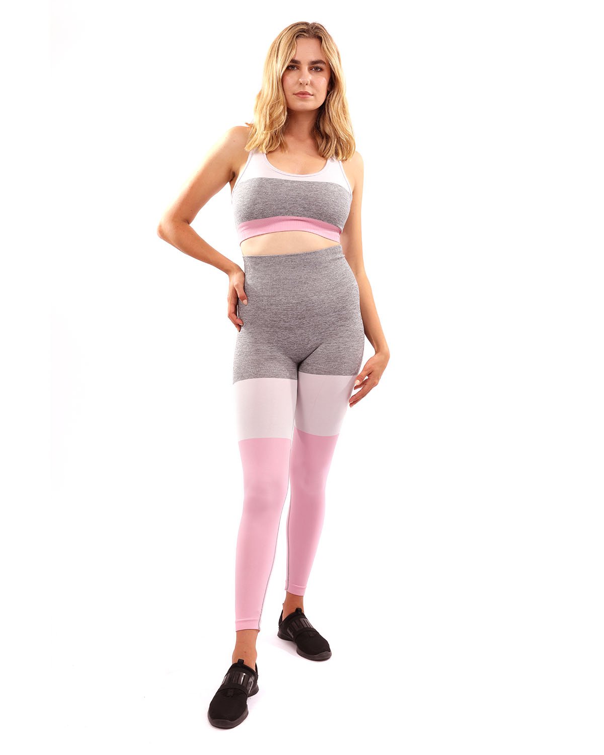 Savoy - Graca Seamless Leggings & Sports Bra Set - Grey With Pink & White - 2 PCS. - 1 COLOR -