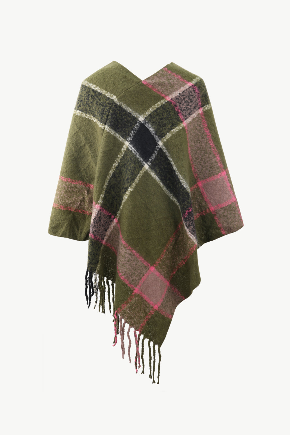 Plaid Fringe Detail Poncho - T - 7 COLORS -