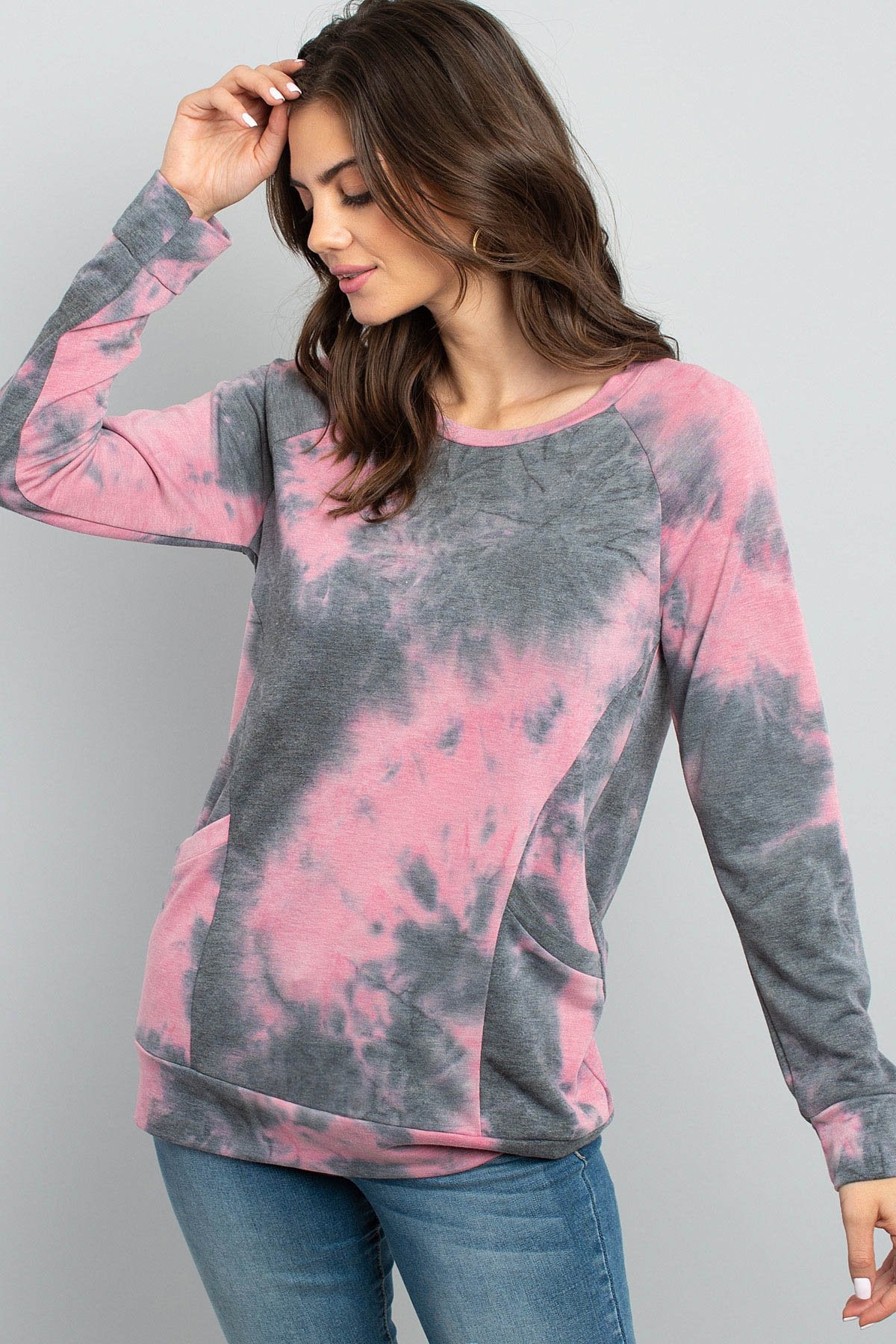 Riah Fashion - Tie Dye Long Sleeve Top With Kangaroo Pocket - 4 COLORS -