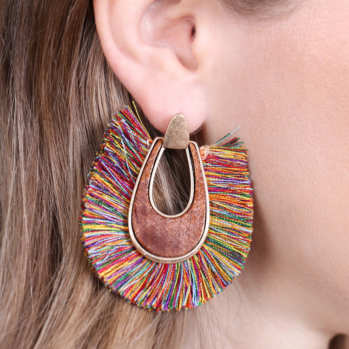 Wood With Thread Tassel Post Earrings - 11 COLORS -