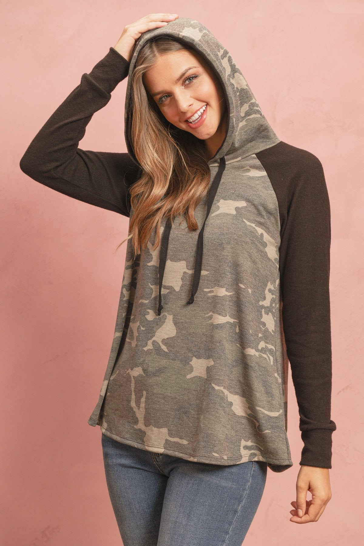 Riah Fashion - Camouflage Hacci Sleeved Contrast Hoodie With Drawstrings - 1 COLOR -