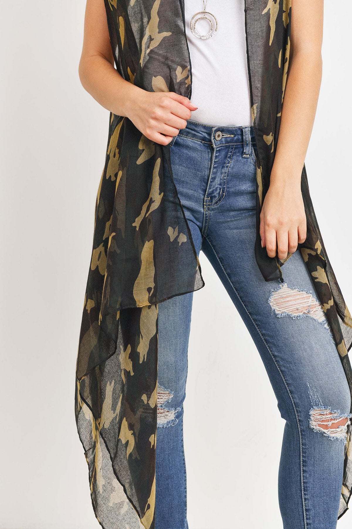 Riah Fashion - Knee Length Camouflage Open Front Kimono Vest - 1 COLOR