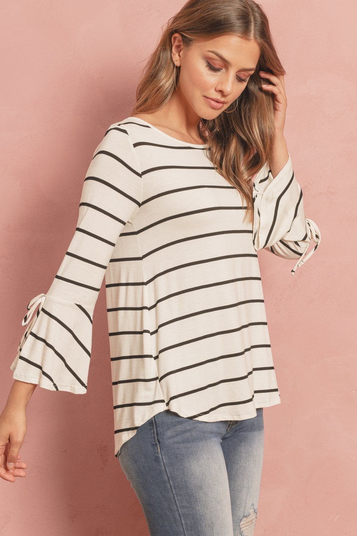 Riah Fashion - Stripe Flutter Sleeve Tie Top - 3 COLORS -