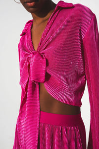 Thumbnail for Q2 - Tie Front Pleated Crop Top  in Fuchsia - 1 COLOR -