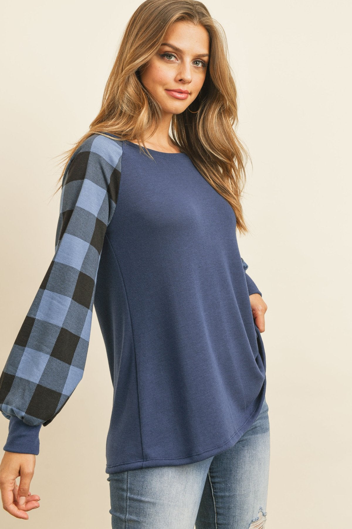 Riah Fashion - Plaid Puff Sleeved Round Neck Top - 3 COLORS -