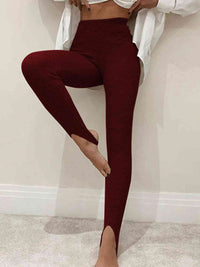 Thumbnail for Ribbed Mid Waist Stirrup foot Leggings - T - 6 COLORS -