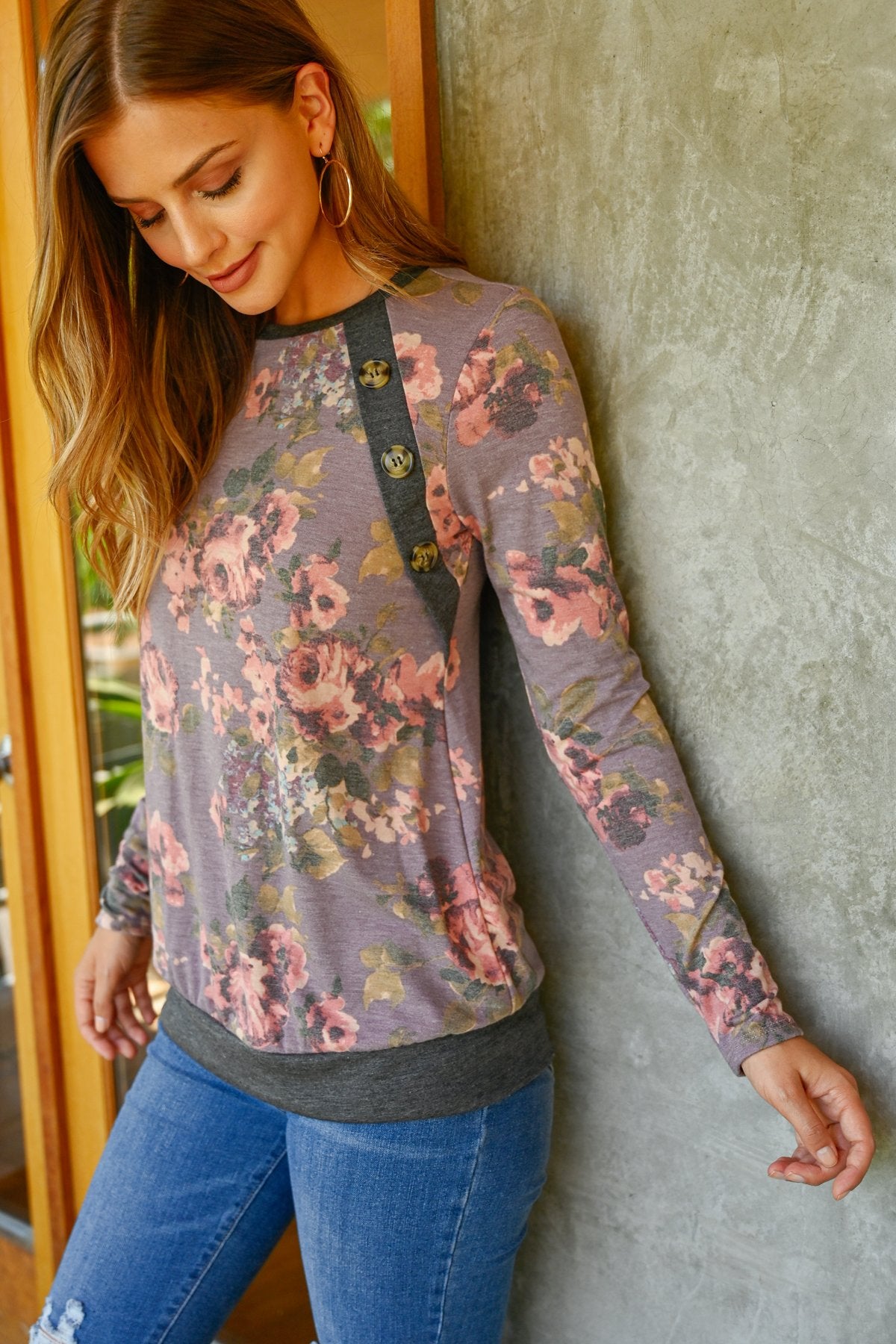 Riah Fashion - Button Detail Long Sleeved Floral Print Top - 2 COLOR COMBOS -