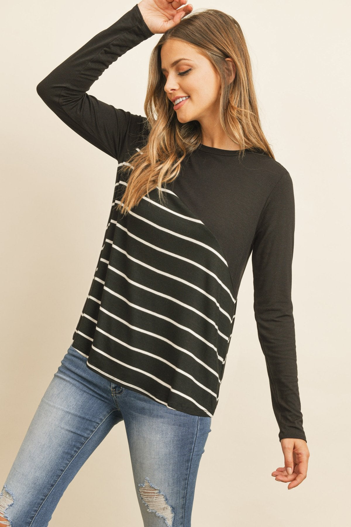 Riah Fashion - Solid Stripe Contrast Color Block Top - 4 COLORS -