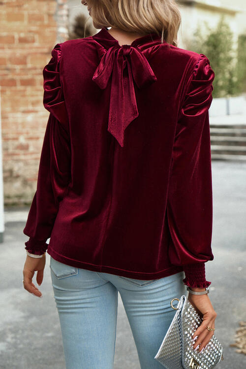 Tie Up Mock Neck Velvet Fabric, Bowed back Long Sleeve Blouse - T - 2 COLORS -