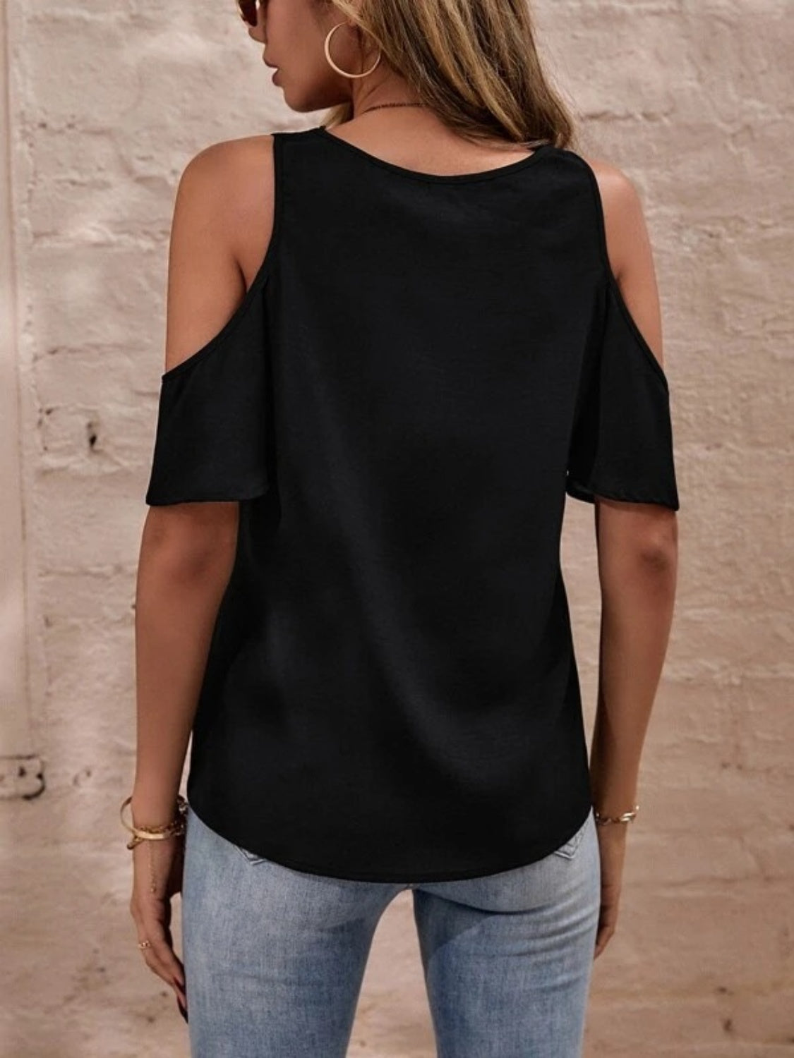 V-Neck Cold Shoulder Blouse - T - 1 COLOR -