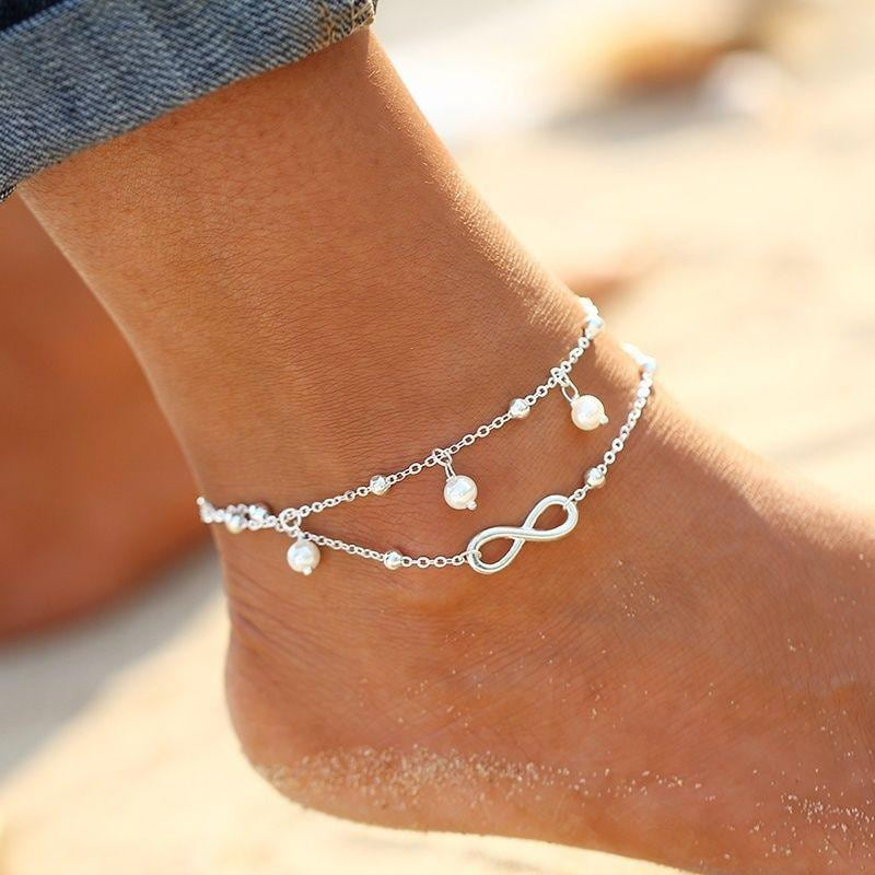 Double Chain Infinity Pearl Anklet -