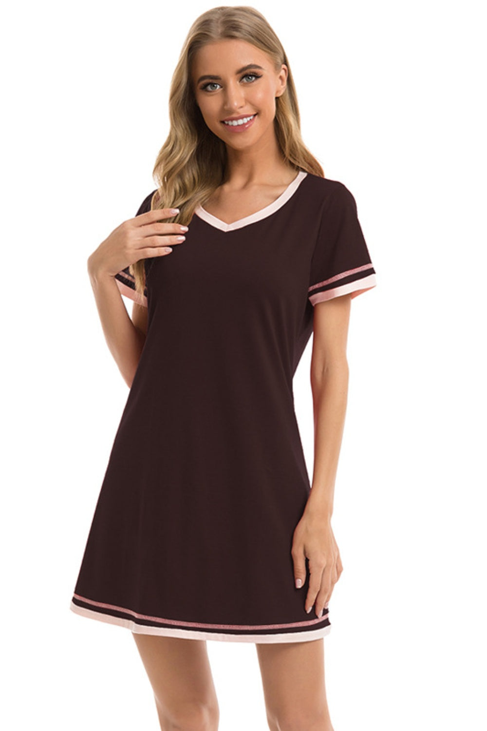 Contrast Trim Short Sleeve Lounge Dress - T - 11 COLORS -