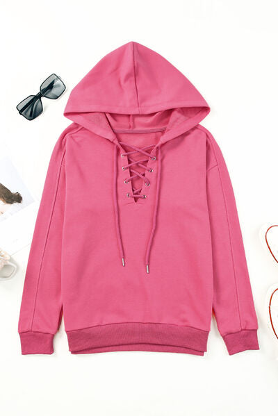 Lace-Up Dropped Shoulder Hoodie - T - 8 COLORS -