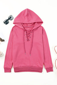 Thumbnail for Lace-Up Dropped Shoulder Hoodie - T - 8 COLORS -