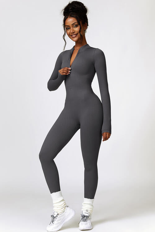 Half Zip Long Sleeve Active Jumpsuit - T - 5 COLORS -