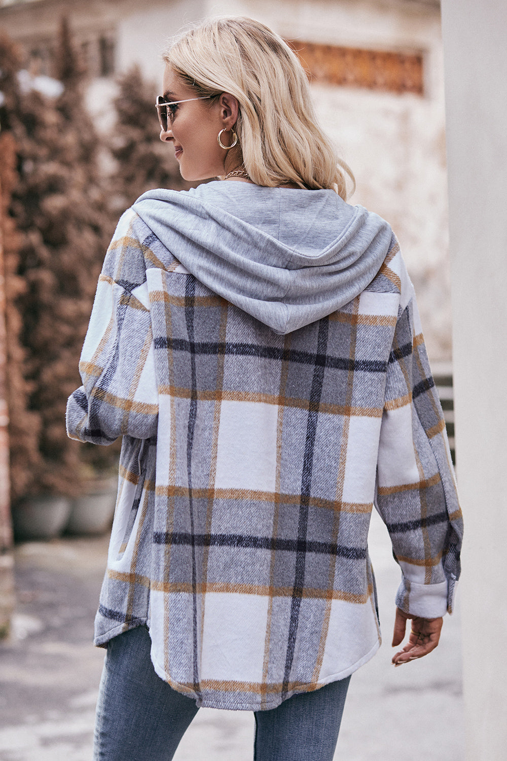 Plaid Dropped Shoulder Hooded Jacket - T - 5 COLORS -