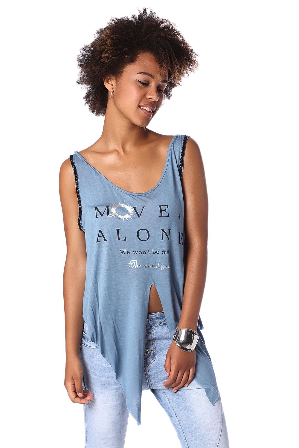 Q2 - Blue Logo Tank Top With Center Split - 1 COLOR -