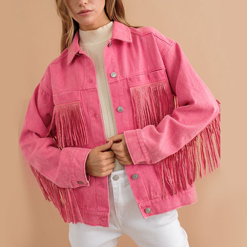 Fringe Detail Dropped Shoulder Denim Jacket - T - 3 COLORS -