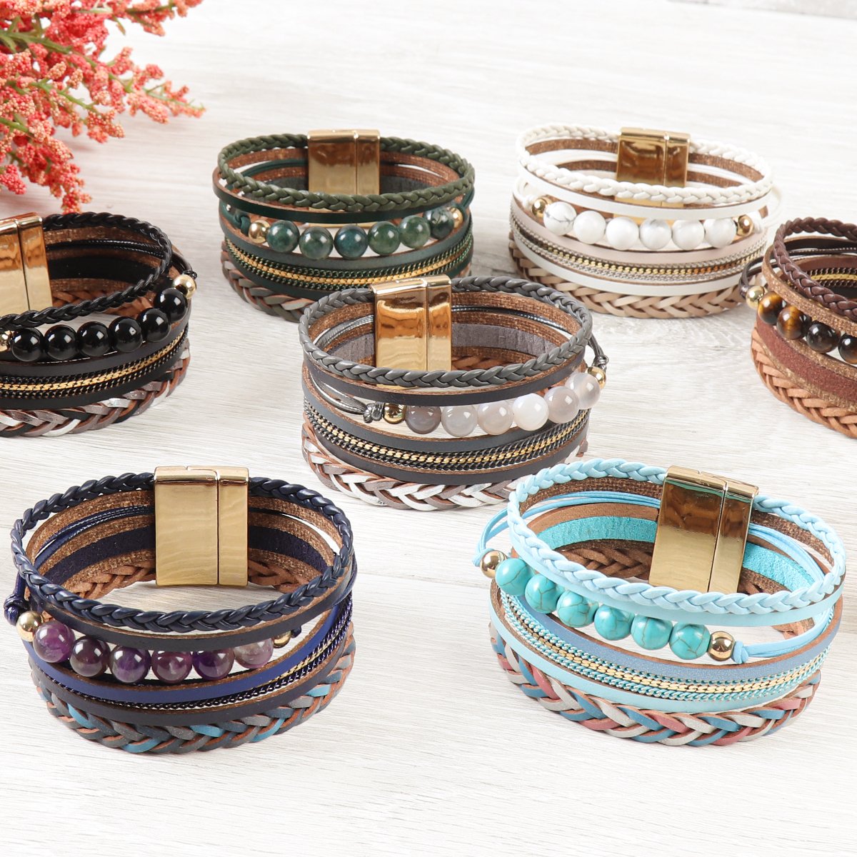 Riah Fashion - Leather Braided Beads Wrap Magnetic Bracelet - 9 COLORS -