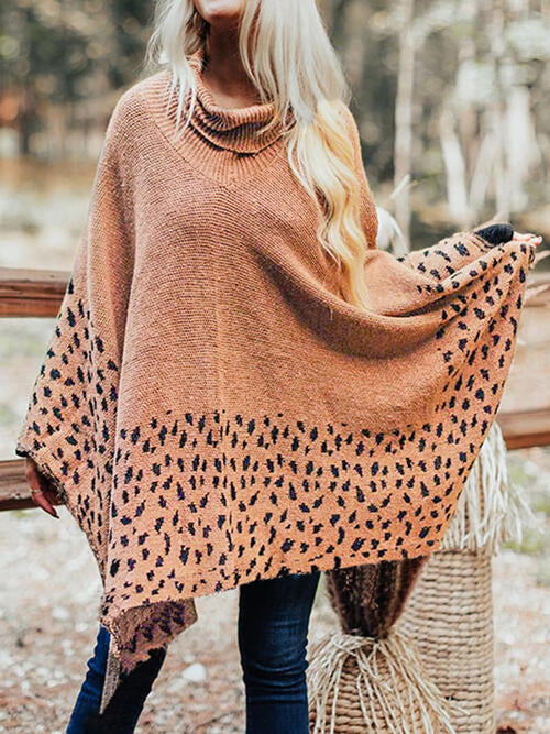 Leopard Turtleneck Poncho - T - 2 COLORS -