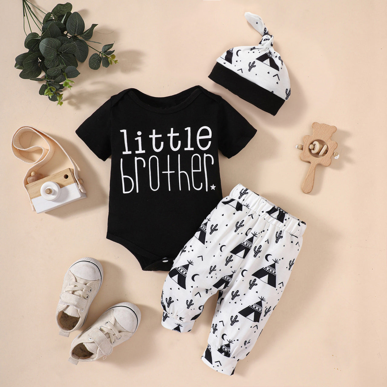 Baby LITTLE BROTHER Graphic Bodysuit and Printed Joggers Set with Beanie - 3 PCS - T - 1 COLOR -