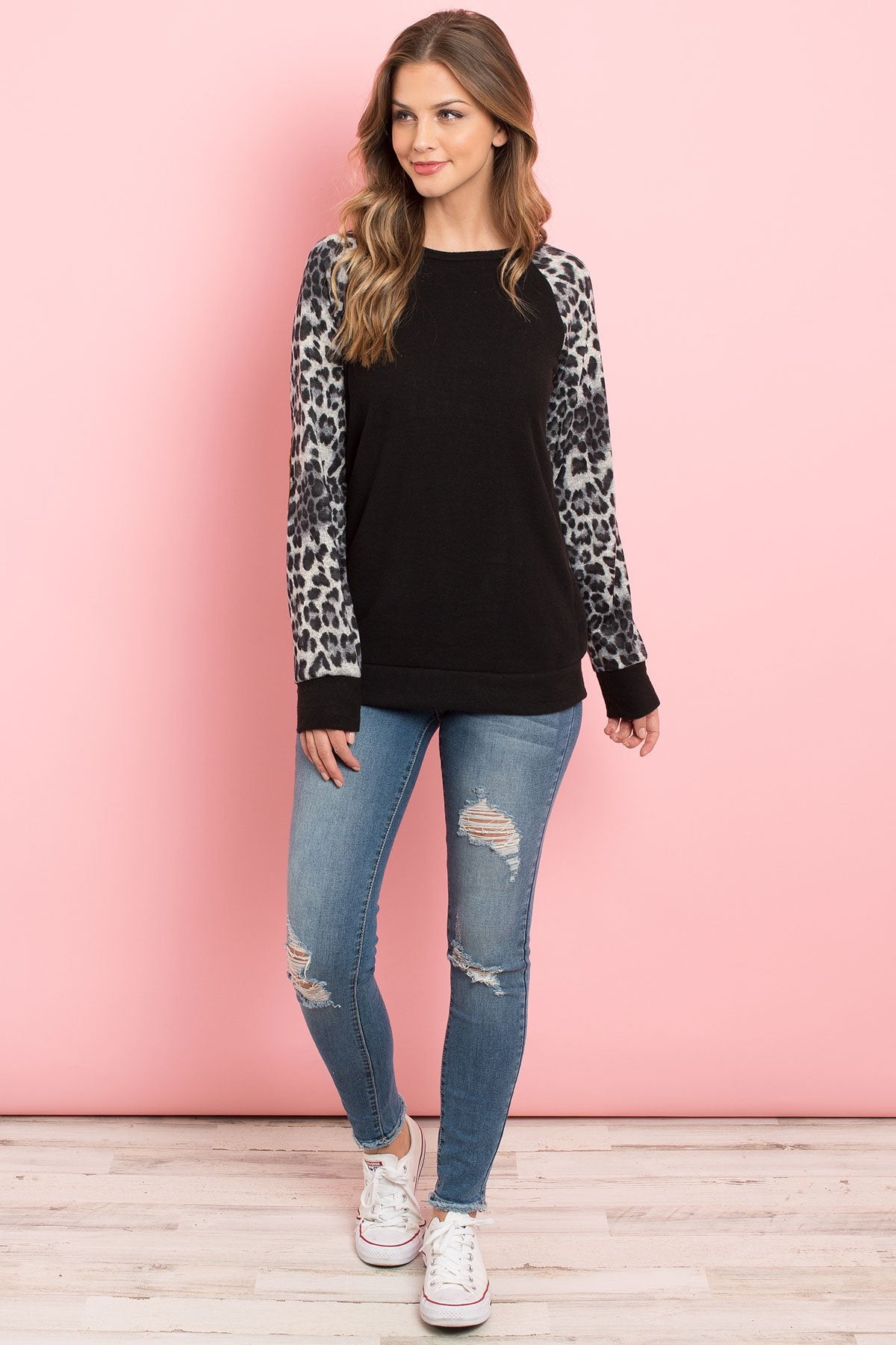 Riah Fashion - Leopard Sleeve Elbow Patch Sweater - 1 COLOR -