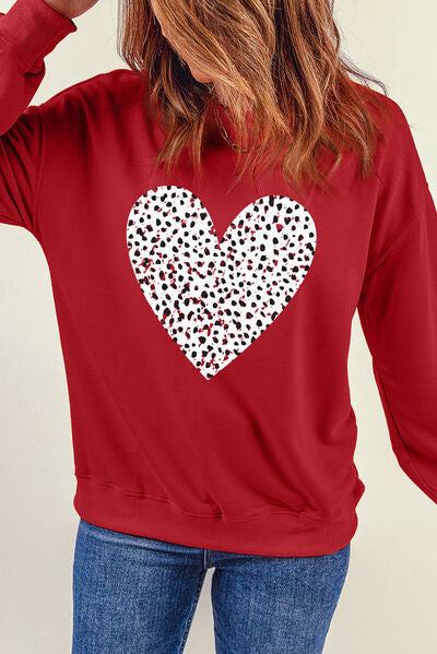 Heart Round Neck Dropped Shoulder Sweatshirt - T - 1 COLOR -