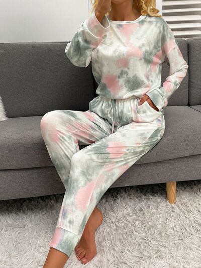 Tie-Dye Round Neck Top and Drawstring Pants Lounge Set - 2 PCS - T - 1 COLOR -