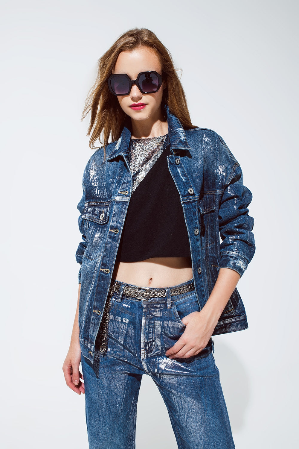 Q2 - Oversized Denim Jacket With Silver Metallic Finished - 1 COLOR -