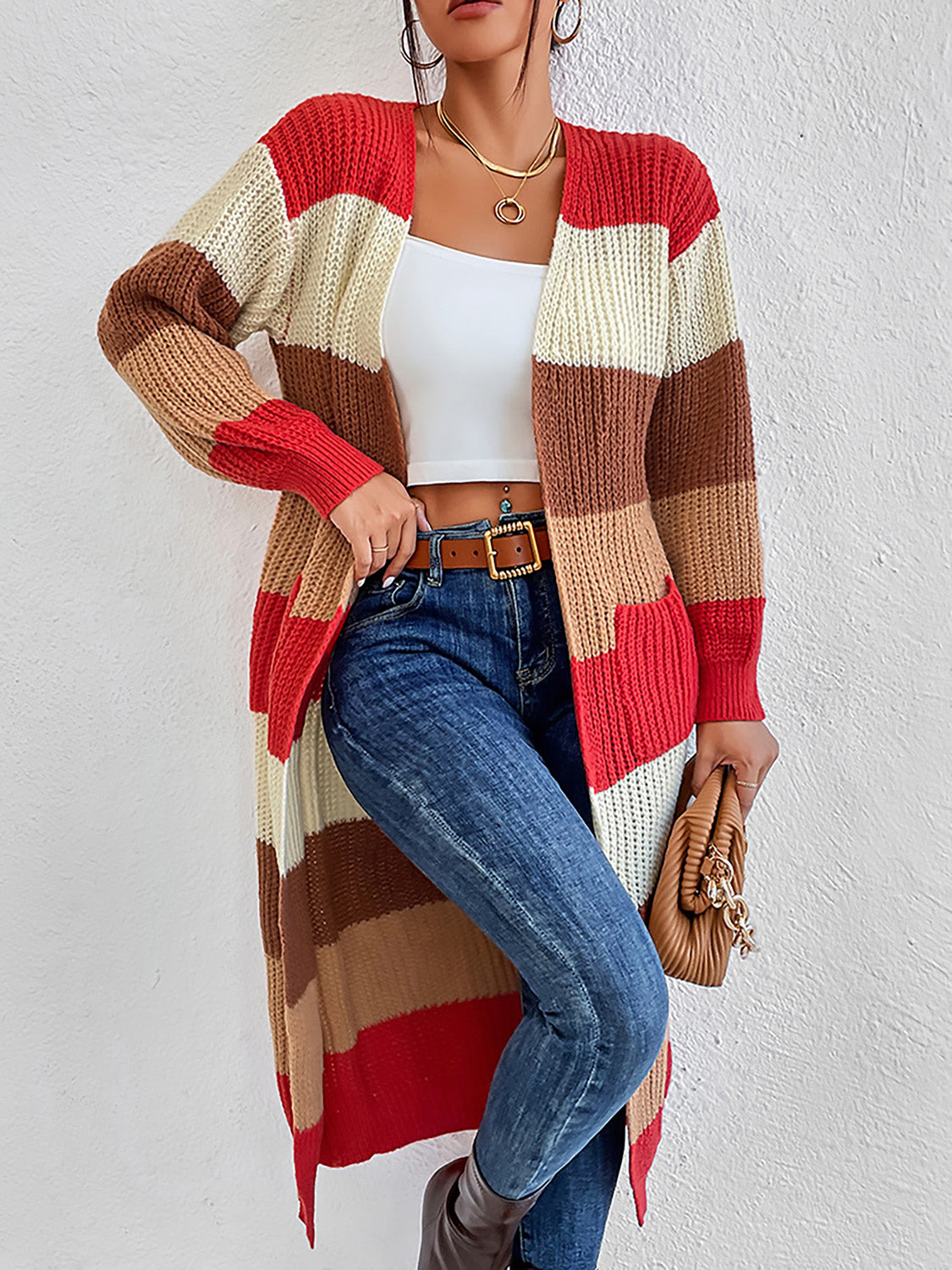 Color Block Open Front Longline Cardigan - T - 1 COLOR -