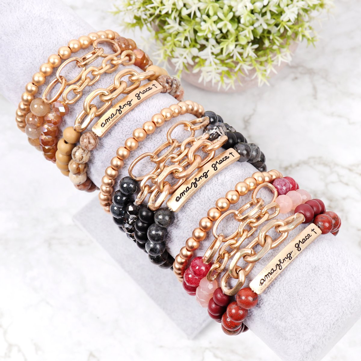 Riah Fashion - "Amazing Grace" Charm Multiline Beaded Bracelet - 8 COLOR STACKS -